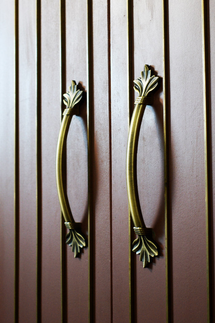 Pair of zinc handles on a wooden cabinet