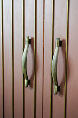 Two zinc cabinet handles on a wooden cabinet