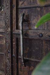 Close-up of an ornate wooden door with a metal handle and decorative carvings.