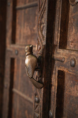 Bronze finished bird-shaped door handle on a wooden door with intricate carvings