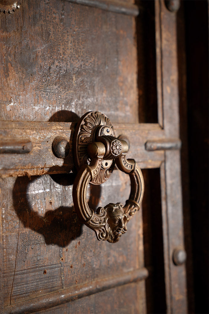 Decorative brass door knocker on a wooden door