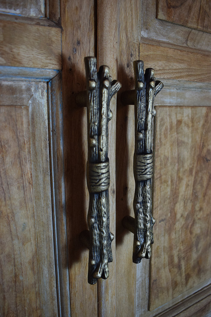 Pair of decorative iron cabinet handles on a wooden door.