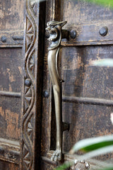 Decorative iron metal handle on a wooden door with intricate lion carvings