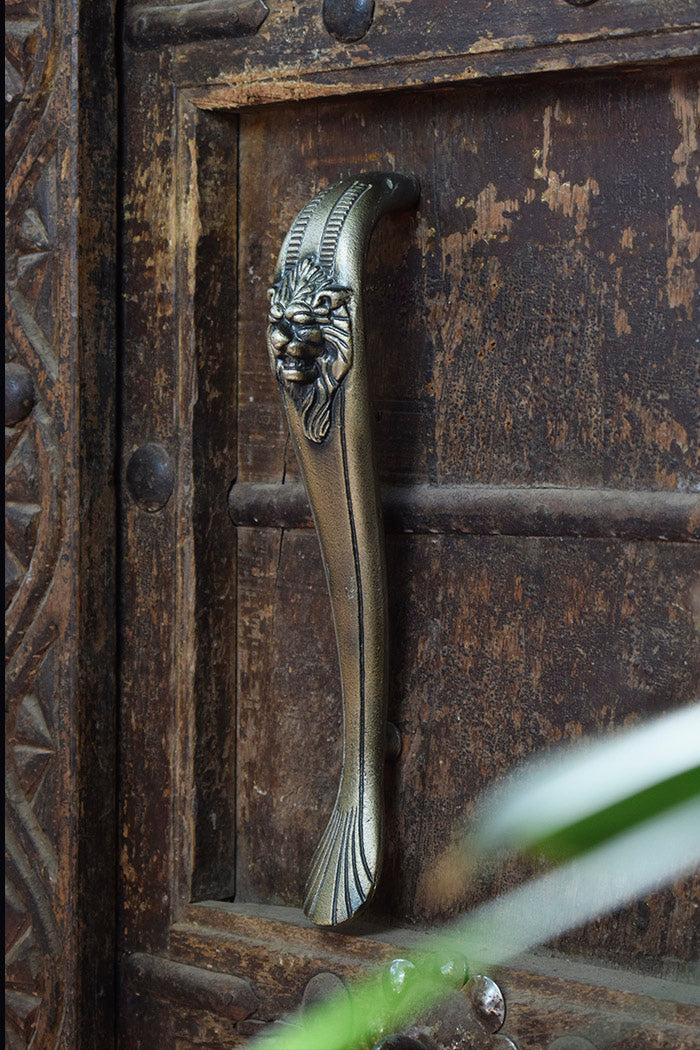 Decorative iron metal handle with lion head design on a wooden door