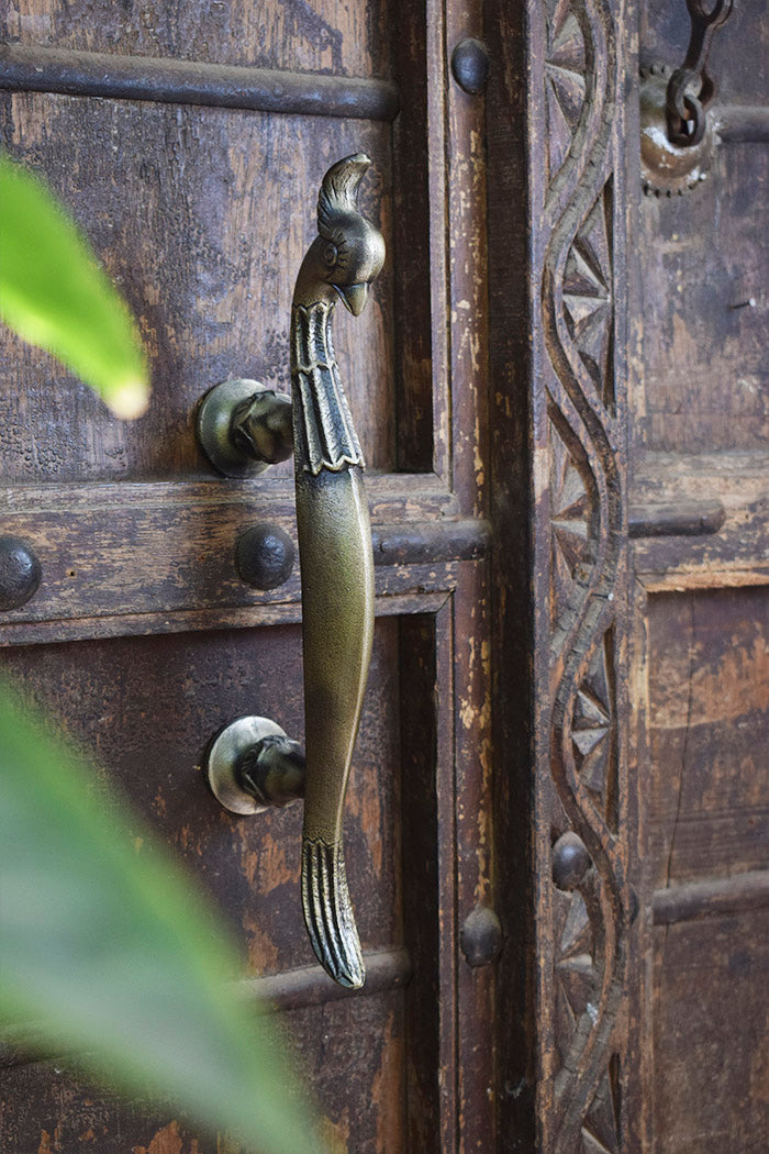 Close-up of a decorative wooden door with intricate carvings and a metal handle.